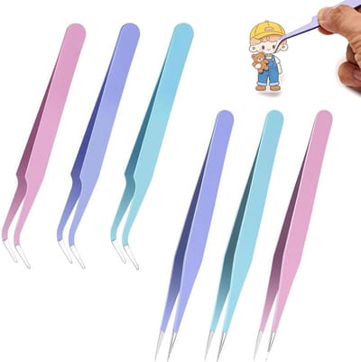 Pincet Set - Roestvrij Staal - Precisiewerk Handwerk - Rechte Gebogen Punten - 6 Stuks - Blauw Roze Paars