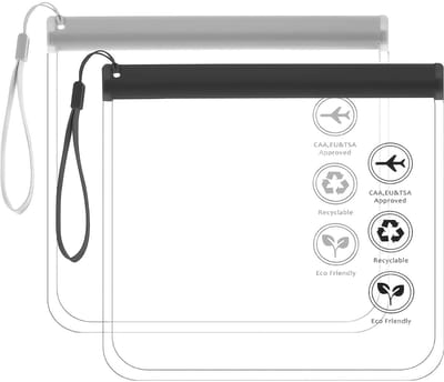 Dailygoods - Ezranova 4 stuks luchthaven goedgekeurde doorzichtige toilettas, lekvrije luchthavenveiligheid goedgekeurde vloeistofzak 20 x 20 cm, waterdichte toilettas voor op reis, zwart met handvat