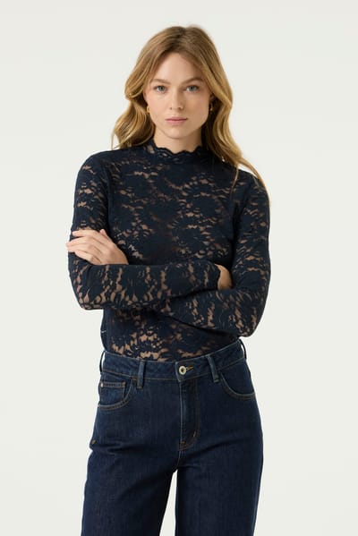 Garcia blauwe dames t-shirt   High neck halslijn   Skinny Fit   Kant patroon   Lange mouw Blauw XS
