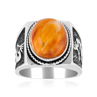 Cavill - Zilveren ring - 925 Sterling Zilver met 5,45 ct Oranje Stekelige Oester (Ovaal Cabochon) - Robuust Antiek Patroon - Exotic Design Ring