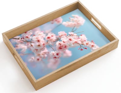 Dienblad hout 40x30 cm - Schootdienblad - Takken - Bloesems - Roze - Borrelplank rechthoek - Plateau dienbladen