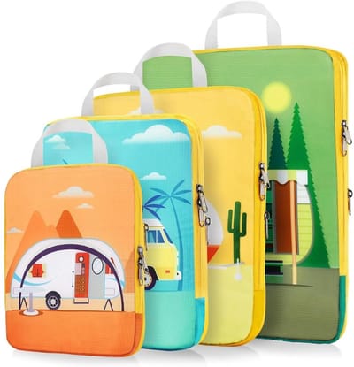 Famanu – Compressie packing cubes – 4- set – Vierkante kledingtassen voor georganiseerde bagage – Geel