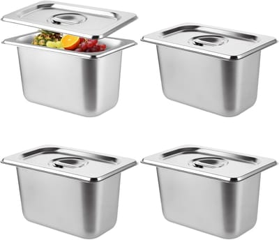 Set van 4 RVS voedselcontainers met deksel, 1/9 x 17.5 x 11 x 10 cm, ideaal voor bewaren, serveren en opbergen van gerechten