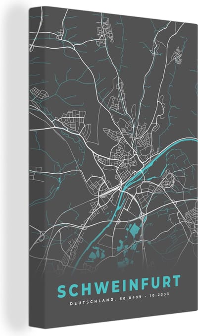 Canvas Schilderij Kaart – Plattegrond – Stadskaart – Schweinfurt – Duitsland – Blauw - 20x30 cm - Wanddecoratie