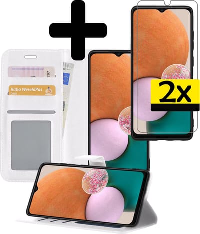 Hoesje - Met 2x Screenprotector - Geschikt voor Samsung Galaxy A13 5G - Luxe Pasjeshouder - Bookcase Portemonee - Flip Case - Kunstleer Book Case - Flipcase Hoes - Book Cover - Walletcase - Portemonneehoes - Telefoonhoesjes - Wit