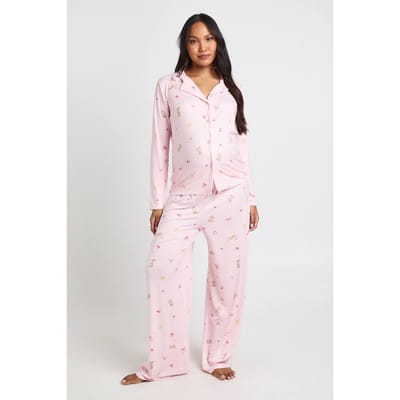 boohoo Dames Zwangerschaps Pyjama Set Met Konijntjes En Strikjes Print - Shirt Met Lange Mouwen & Broek | Pink | Maat: 8