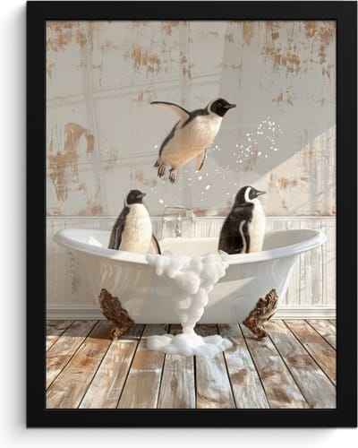 Poster in lijst - Fotolijst 30x40 cm - Posters - Vintage - Pinguïn - Badkuip - Schuim - Posterlijst zwart - Wanddecoratie badkamer - Muurdecoratie WC - Decoratieve accessoires - Toilet muur decoratie