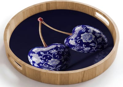 Dienblad rond 40x40 cm - Schootdienblad hout - Porselein- Kersen - Delfts - Blauw - Borrelplank rechthoek - Plateau houten dienbladen