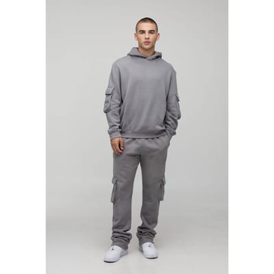 Super gestapeld geweven tab cargo trainingspak met capuchon | Charcoal | Size XS