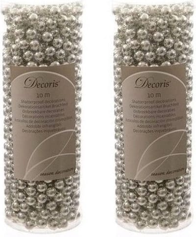 Decoris Kralenslinger - 2x - zilver - 10 meter - kunststof - glans - kerstslinger - kerstversiering