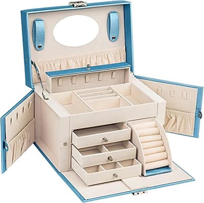 Elegante Sieradendoos met Slot en Spiegel - 4 Laags, 3 Lades voor Ringen, Oorbellen, Kettingen en Armbanden - Champagne Blauw