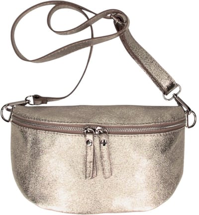 Bronzen Metallic Leren Heuptas - Dubbele Ritsen - Leren Crossbody Tassen - Zilver Beslag - Brons