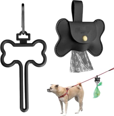 Hondenpoepzakjes Houder - Set met Handsfree Afvalzakhouder - Luxe PU Lederen Poepzakjes Organizer - Botvorm - Messing Gesp - Accessoires voor Hondenriem & Wandelen - Bruin