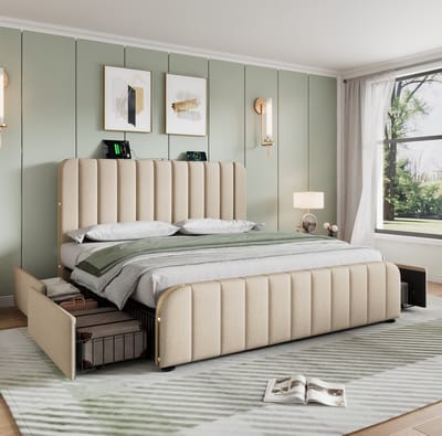 MEUNIQ gestoffeerd tweepersoons bed 140x200 cm met 4 lades, USB-C en USB in hoofdbord, lattenbodem, metalen frame, slaapkamer, beige
