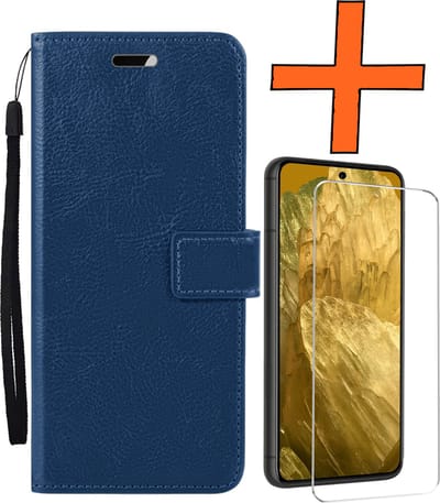 Hoes - Met Screenprotector - Geschikt voor Google Pixel 8a - Luxe Pasjeshouder - Bookcase Portemonee - Flip Case - Kunstleer Book Case - Flipcase - Book Cover - Walletcase - PortemonneeHoes - Donkerblauw