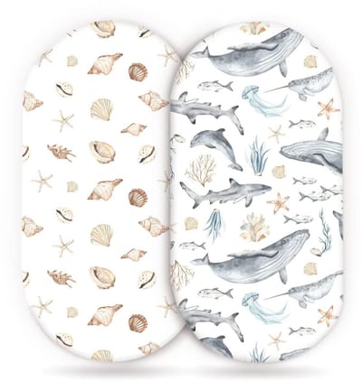 Hydrofiele Baby Hoeslaken Wieg - Hoes voor babymatras - set van 2 - 82x41 cm - mousseline wieglaken - wieghoes - kinderwagen matrashoes - schelpen en dolfijnen, 82 * 41cm