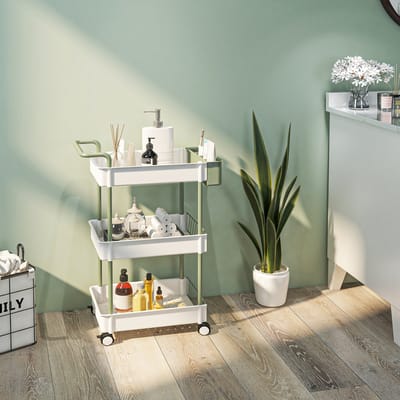 MEUNIQ servierwagen met 3 etages en hangkorf, rolwagen met wielen en remmen, opbergwagen voor badkamer, keuken of woonkamer, 50 x 29,4 x 77 cm, wit