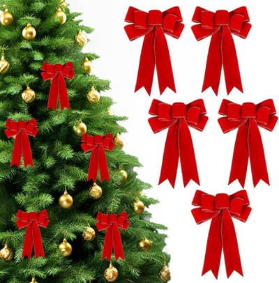 5 Stuks Rode Fluwelen Kerststrikken met Gouden Rand - Grote Draadstrikken voor Kransen, Deuren, Cadeaus en Kerstbomen - Binnen en Buiten Versiering met 6 Lussen