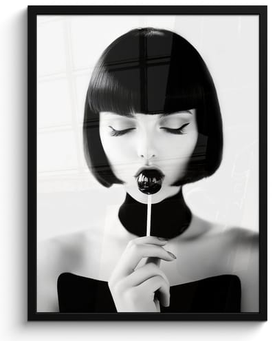 Poster in lijst - Fotolijst 50x70 cm - Posters - Vrouw - Lolly - Zwart - Wit - Posterlijst zwart - Decoratie - Wanddecoratie woonkamer - Muurdecoratie slaapkamer