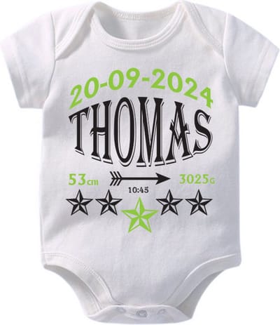 Hospitrix Baby Rompertje met Geboortegegevens Groen Jongen 2.0 | Korte Mouw | Cadeau voor Zwangerschap | Bekendmaking | Aankondiging