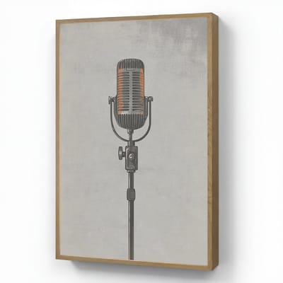 Wandlamp 60x90 cm - Oplaadbaar - Microfoon - Vintage - Illustratie - Grijs - Wandlampen binnen woonkamer - Slaapkamer lamp - Decoratieve nachtlamp - Vloerlamp draadloos