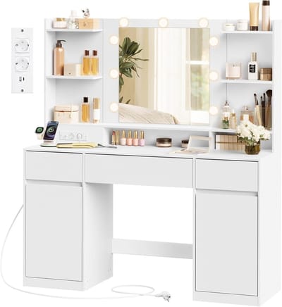 Kaptafel met spiegel - Make-up tafel - Schoonheid verzorgen - Geïntegreerd laadstation - 107 cm breed - Wolkenwit