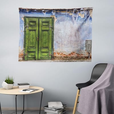 ABAKUHAUS Rustiek Wandtapijt, Gekleurd Huis Oude Deur, Woonkamer Slaapkamer Wanddoek Zijdezacht Satijn Wandtapijt, 200 x 150 cm, Blauw Groen