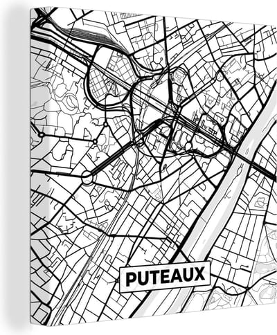 Canvas Schilderij Kaart - Puteaux - Plattegrond - Frankrijk - Stadskaart - Zwart wit - 20x20 cm - Wanddecoratie