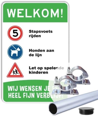 Parkeerbord Welkom - Weerbestendig Aluminium - 30x45 cm - Bevestiging: Met paal 150 cm + paalbeugels + paaldop