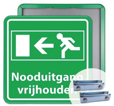 Nooduitgang vrijhouden bord 40x40 cm - Bevestiging: Met hekbeugels (voor spijlen- of gaashek)