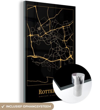 MuchoWow® Glasschilderij 40x60 cm - Schilderij acrylglas - Kaart - Rotterdam - Goud - Zwart - Foto op glas - Schilderijen