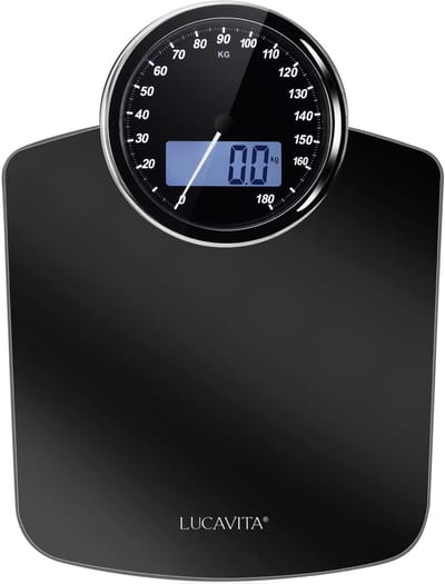 LUCAVITA® Weegschaal Personenweegschaal - Analoge Weegschaal - Weegschaal Analoog - Digitale Weegschaal Personen - Personenweegschaal Beste Koop - Precisie Weegschaal - Dual Display Retro met Meetlint