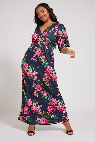 Yours London Maxijurk Met Bloemenmotief, Elastische Taille En Engelmouwen In Donkerblauw Size 42