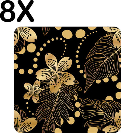 Luxe Placemat - Gouden Chinese Bloemen op Zwarte Achtergrond - Set van 8 Placemats - 50x50 cm - 2 mm dik Vinyl - Anti Slip - Afneembaar
