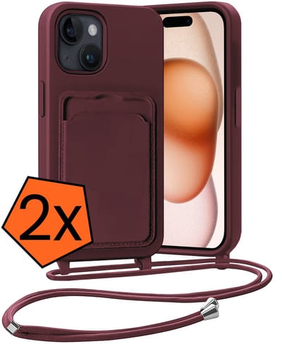 Hoesje Geschikt voor iPhone 15 Plus Hoesje Met Telefoonketting Pasjeshouder Case Koord - Hoesje Geschikt voor iPhone 15 Plus Hoes Met Kaarthouder - Aubergine - 2 PACK
