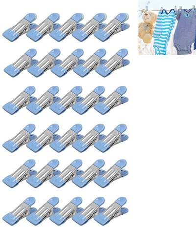 30-stuks Wasknijpers - Droogklemmen zonder resten - Roestvrijstalen wasknijpers - Sluitklemmen - Sokklemmen - Dekenklemmen - 5,5 x 2,5 cm - Multifunctioneel - Draagbaar - Geschikt voor thuis, keuken, kleding, snackzakjes en handdoeken - Blauw
