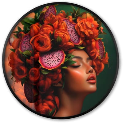 Poster in lijst Rond - Fotolijst 60x60 cm - Posters - Vrouw - Drankenfruit - Rozen - Ronde posterlijst zwart - Decoratie - Wanddecoratie woonkamer - Muurdecoratie slaapkamer
