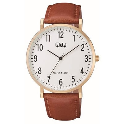 Q&Q C43A-003PY - Horloge - Polshorloge - Analoog - Heren - Mannen - Leren band - Rond - Metaal - Cijfers - Bruin - Goudkleurig - Wit
