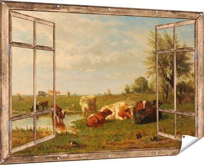 Gards Tuinposter Doorkijk Koeien in de Weide - Gerard Bilders - 180x120 cm - Tuindoek - Tuindecoratie - Wanddecoratie buiten - Tuinschilderij