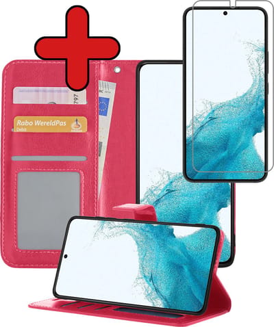 Hoesje - Met Screenprotector - Geschikt voor Samsung Galaxy S22 Plus - Luxe Pasjeshouder - Flipcase - Bookcase Portemonee - Flip Case - Kunstleer Book Case - Book Cover - Walletcase - Portemonneehoes - Telefoonhoes - Donkerroze