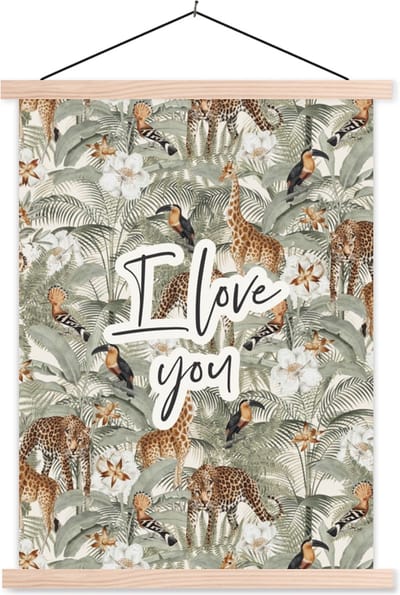 Posterhanger incl. Poster 87x120 cm - Schoolplaat - Liefde - I love you - Quotes - Spreuken - Textielposter - Blanke latten