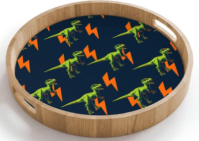 Dienblad rond 40x40 cm - Schootdienblad hout - Bliksemschichten - Oranje - Dinosaurussen - Borrelplank rechthoek - Plateau houten dienbladen