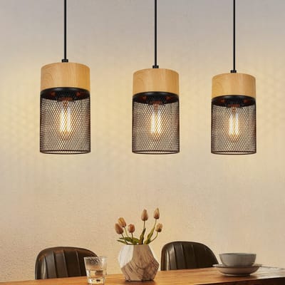 NETTLIFE Hanglamp Hout - 3-Lichts - E27 Fitting - Zwart - Vintage Eettafellamp - Houtnerf Eetkamerlamp - voor Keuken | Woonkamer | Slaapkamer | Bar | Hal - MAX.25W-excl. lichtbron