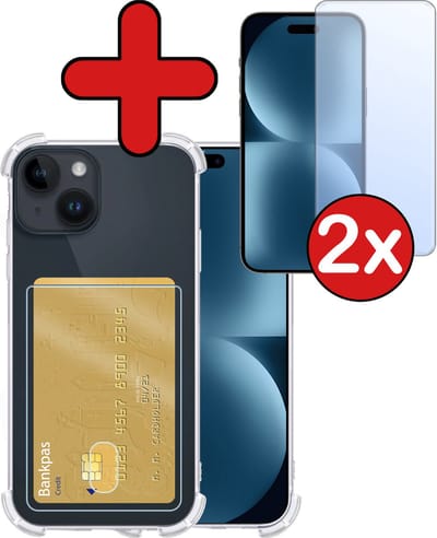 Hoesje - Geschikt voor Apple iPhone 15 - Met 2x Screenprotector - Pashouder - Kaarthouder - Back Cover - Telefoon Hoes Shockproof - Siliconen Case - Shock Proof - Pasjes Houder - Telefoonhoes - Transparant