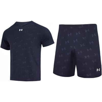 Under Armour Logo Bedrukt Ademend Gebreid T-shirt met Korte Mouwen Hardlopen Training Vijfpunts Short Casual Sportset 21500531-409+21500231-409 L