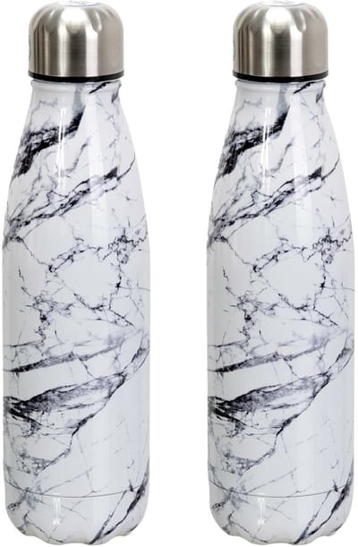 Cook Concept Travel drinkfles voor warme en koude dranken - 2x - marmer print - roestvrij staal - met schroefdop - 500 ml