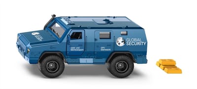 SIKU 1926, Rheinmetall Survivor geldtransporter, speelgoedauto, 1:50, metaal/kunststof, blauw, deuren kunnen open, inclusief stickervellen in verschillende talen en 4 goudstaven