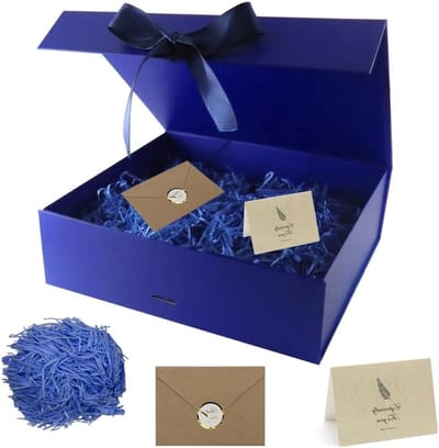 Magnetische Cadeaubox met Deksel, 30 x 24 x 10 cm, Royal Blauw, Vouwbare Cadeauverpakking met Strap, Inclusief Wenskaart en Bast, Herbruikbaar, Perfect voor Cadeauverpakking en Verjaardagen