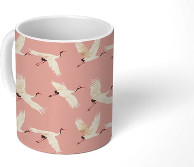 Mok - Koffiemok - Modern - Kraanvogels - Roze - Mokken - 350 ML - Beker - Koffiemokken - Theemok