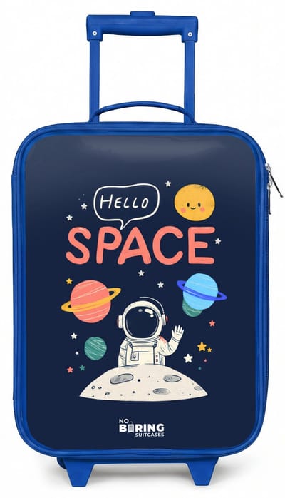 NoBoringSuitcases.com® - Kinderkoffer blauw - Kindertrolley jongen - Astronaut - Quote - Planeten - Sterren - Koffer kind lichtgewicht - Reiskoffer trolley voor kinderen - Koffertje met lichtgevende wieltjes - Rolkoffer